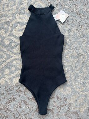 Happily Grey Ribbed Knit High Neck Bodysuit Sleeveless Black Medium